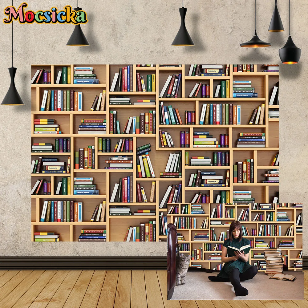 

Mocsicka Bookshelf Interior Room Party Decoration Wallpaper Backdrop Kid Adult Portrait Studio Photo Photography Background Prop