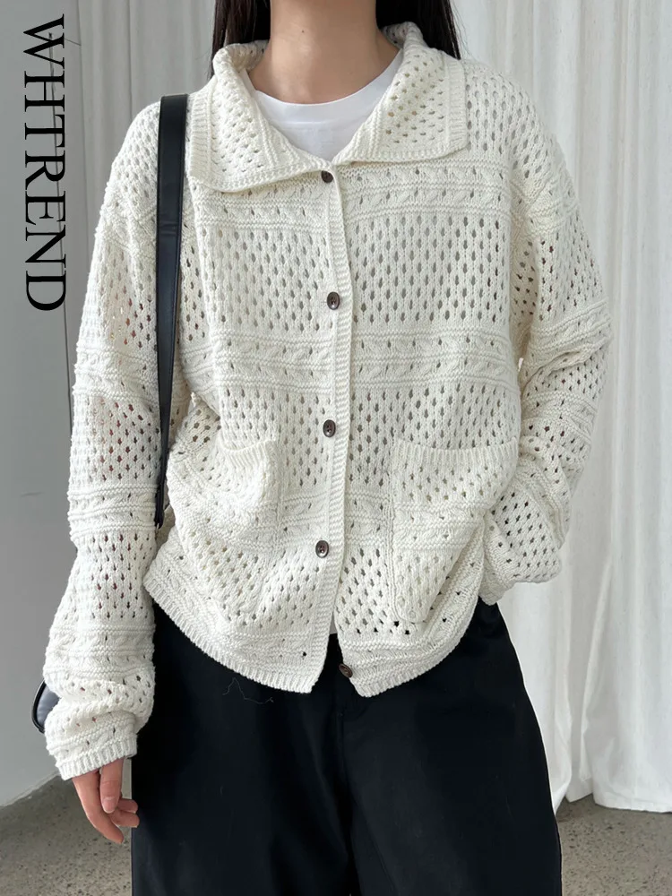 WHTREND 여성용 홀로 니트 가디건 2025 가을 신상품 턴다운 칼라 긴팔 스웨터 탑 WH1270