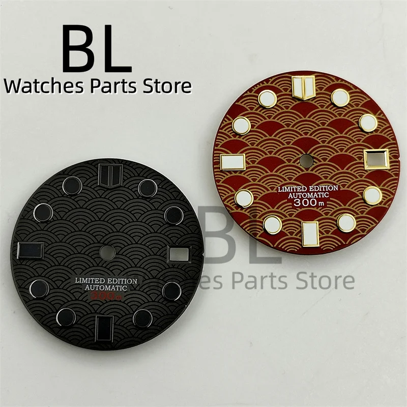 BLIGER 28.5mm Fish Scale Pattern Watch Dial Red Gold Dila With Green Luminous For NH34 NH35 Movement Black Dial Date Window