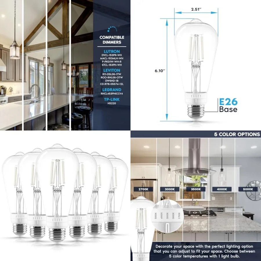 

Vintage ST19 LED Light Bulb 60 Watt Equivalent, 5CCT 2700K 3000K 3500K 4000K 5000K, Dimmable, 500 Lumens, White Filament LED Ed