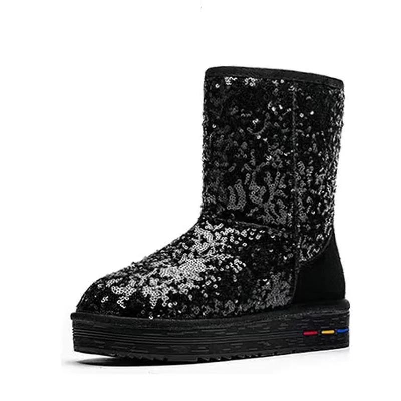 Winter New Women\'s Fashion Sequin Thick Sole Increase Anti slip Snow Boots with Thickened Fleece Warm Shoes