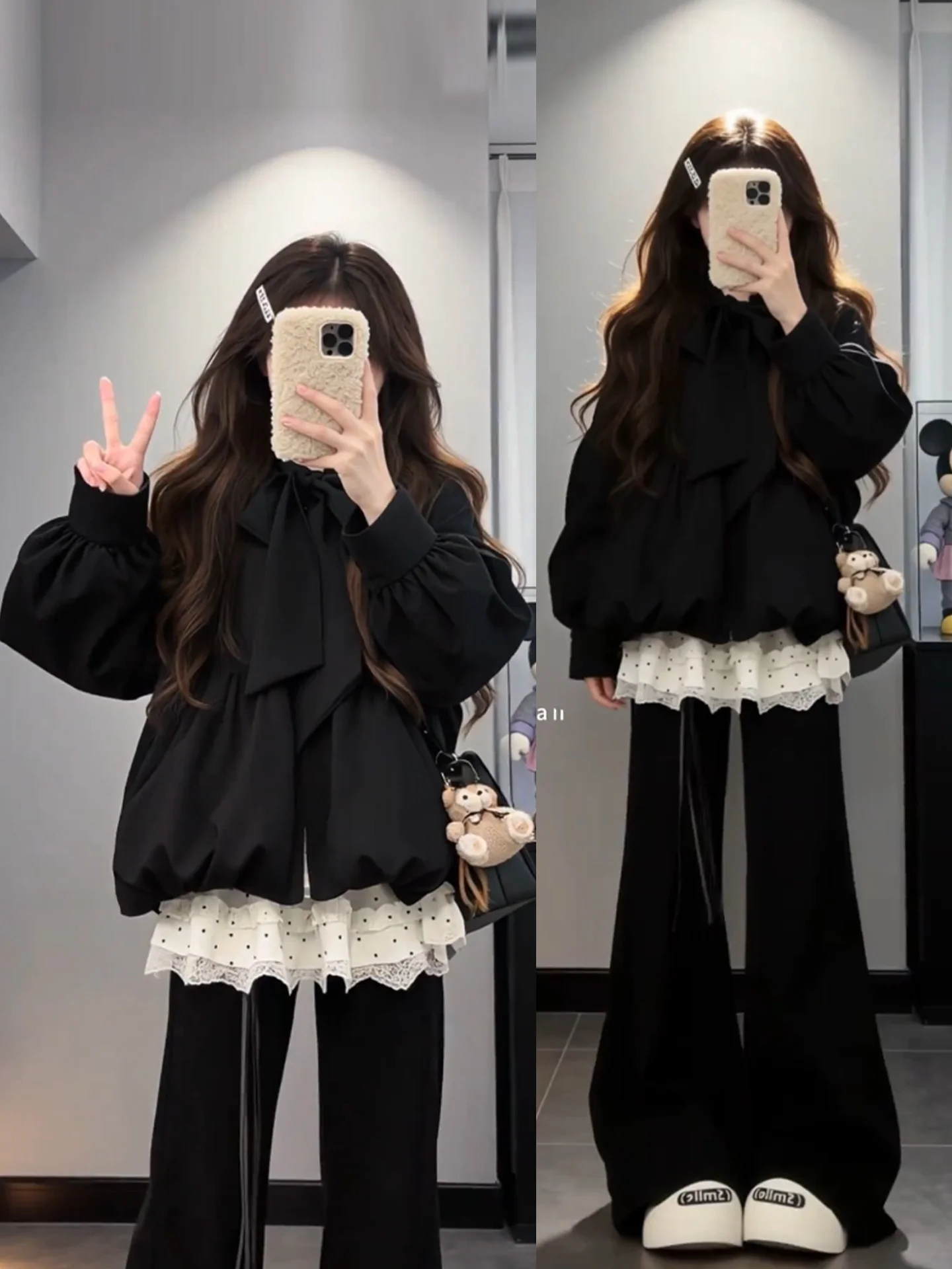 

Winter Faion plus Size Women's Bla Cotton Jaet Flared Pants Korean Sle Tee Piece Set Warm Casual High Waist Trousers