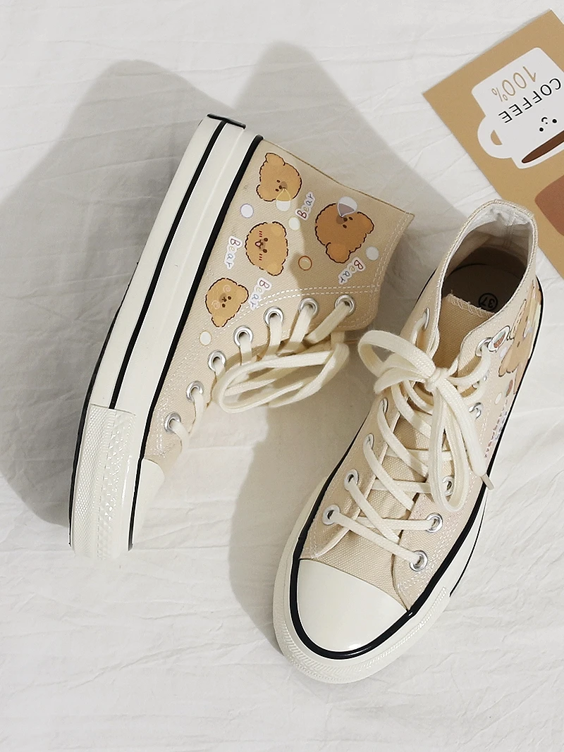 2024 Spring Student Hand Drawn Graffiti Women's Shoes Versatile Cute High Top Canvas Shoes Ins Women