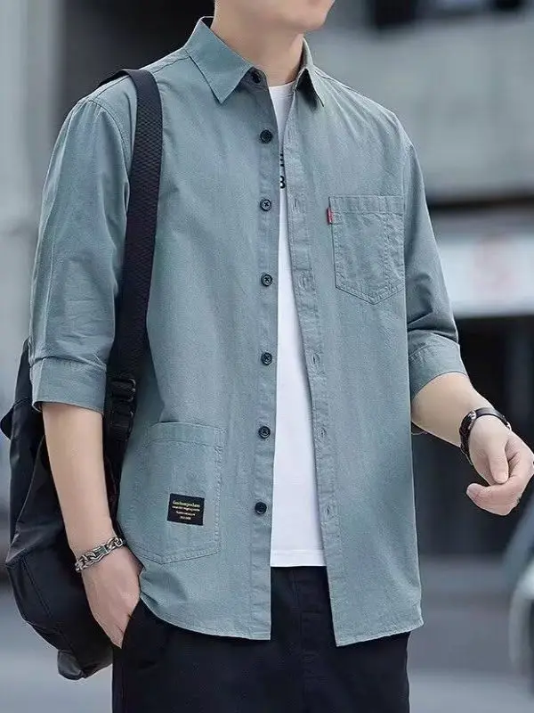 

Loose Fit Casual irt Men's Summer Trendy Workwear Sve Casual Outerwear Polyester Fiber No Brand Iron Free Square Collar