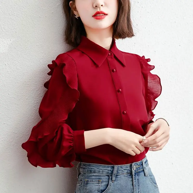 Office Lady Stylish Ruffles Patchwork Blouse Commute Single-breasted Female Clothing Turn-down Collar Spring Autumn Loose Shirt