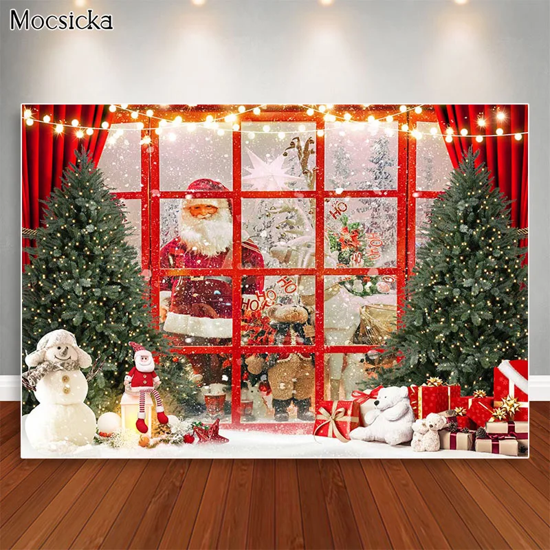 

Red Windows Christmas Backdrop Santa Xmas Tree Gift Snowman Photography Kids Family Portrait Photo Props Studio Booth Background