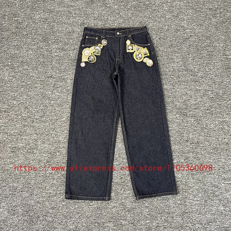 Real Photo DERSCHUTZE Men's Black Wide Leg Jeans Vintage Frame Patch Embroidery Streetwear Loose Denim Pants