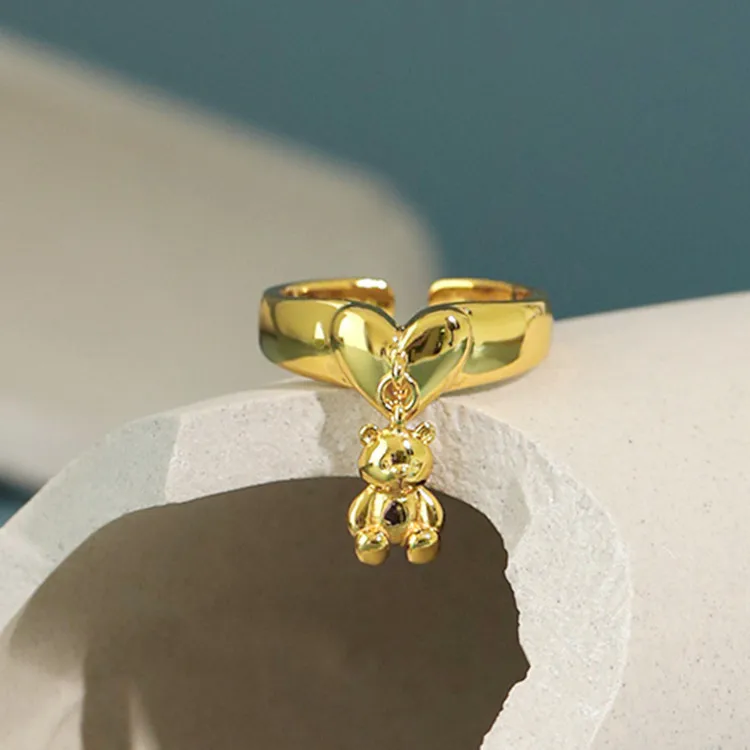 Ins Korean Cute Cartoon Mini Bear Pendant Rings for Women Gold Silver Plated Love Heart Open Ring Jewelry Anillo Whole Sale
