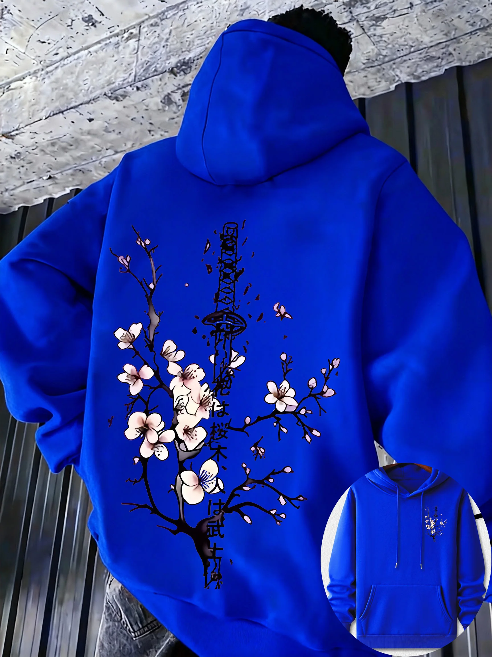 Autumn/Winter Retro Japanese Style Aesthetic Samurai Sword Cherry Blossom Print Men Hooded Sweatshirt Trendy Cool Simple Stylish