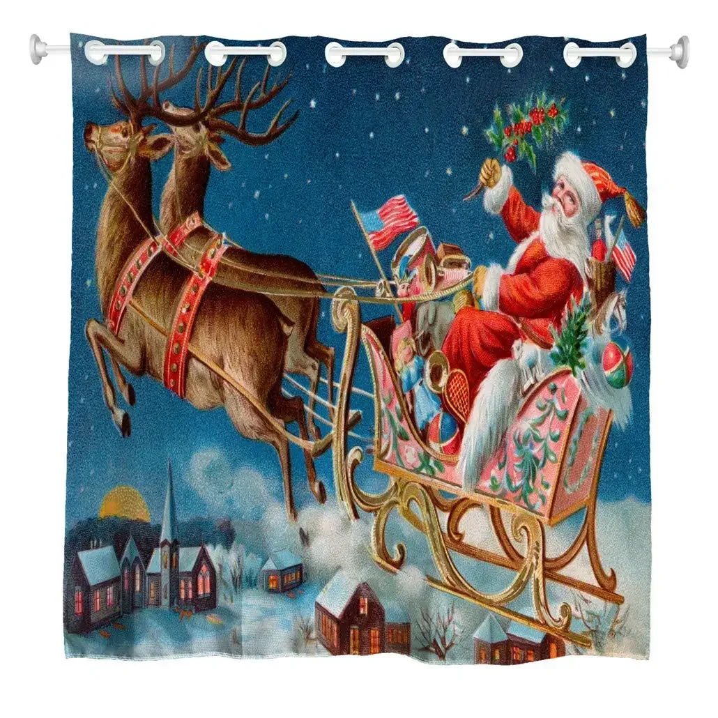 Christmas Xmas Santa Claus Driving Deer Car in Snow Town Polyester Bathroom Curtains