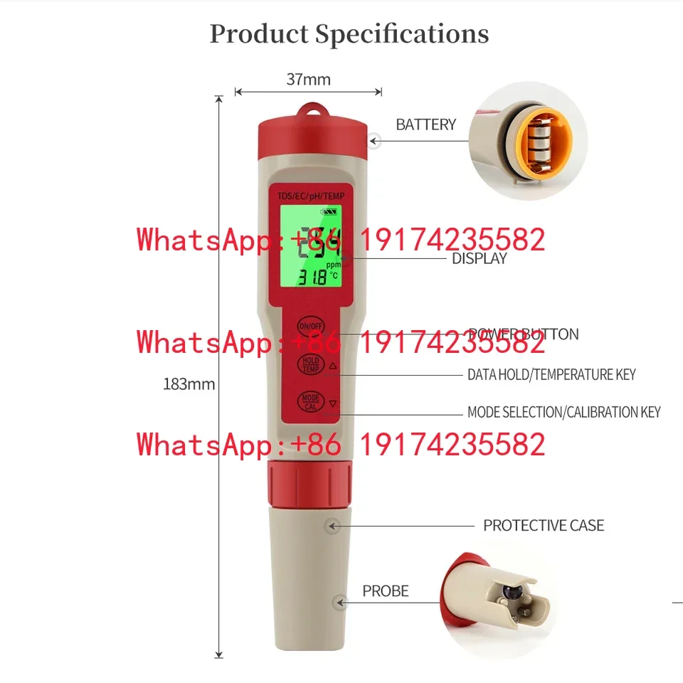Multifunctional PH/TDS/EC/Temp Detector Backlight Waterproof PH Pen Aquarium Pool Water Quality Testing 0.00-14.00 PH