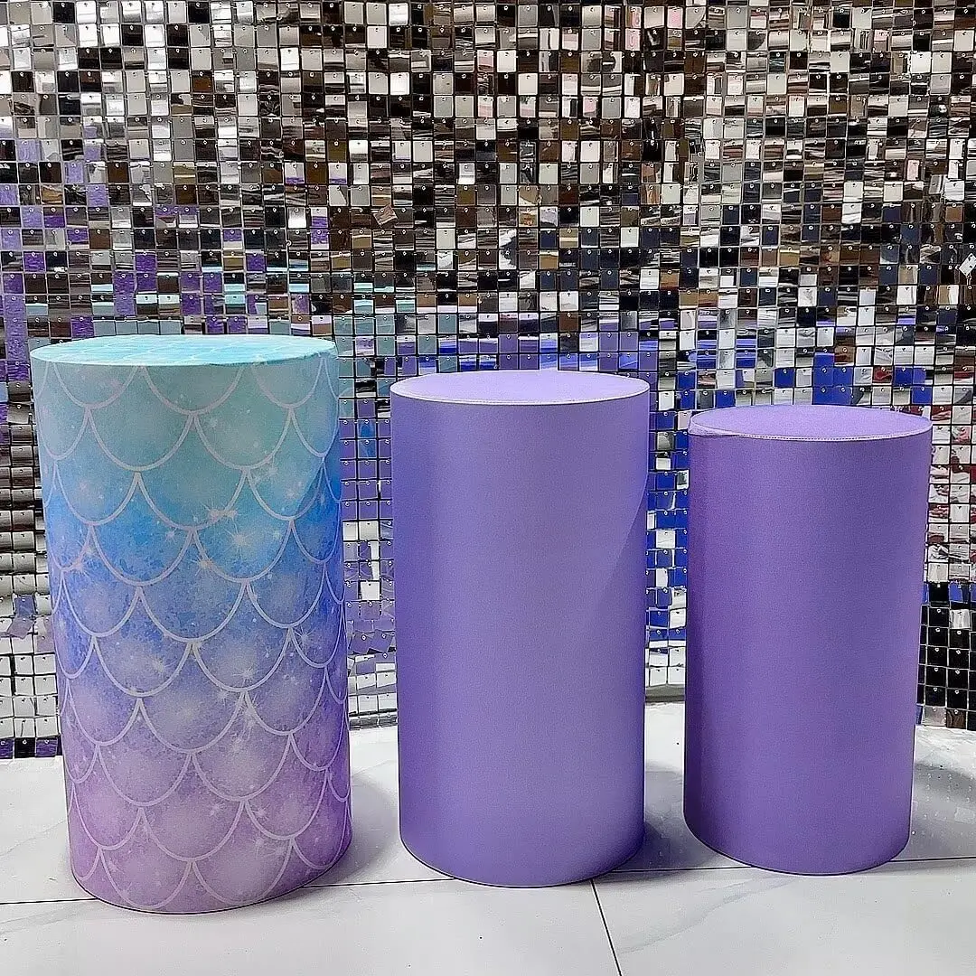 Set of 3 Purple Cylinder Stand Covers Mermaid Theme Spandex Cloth for Birthday Baby Shower Wedding Decoration