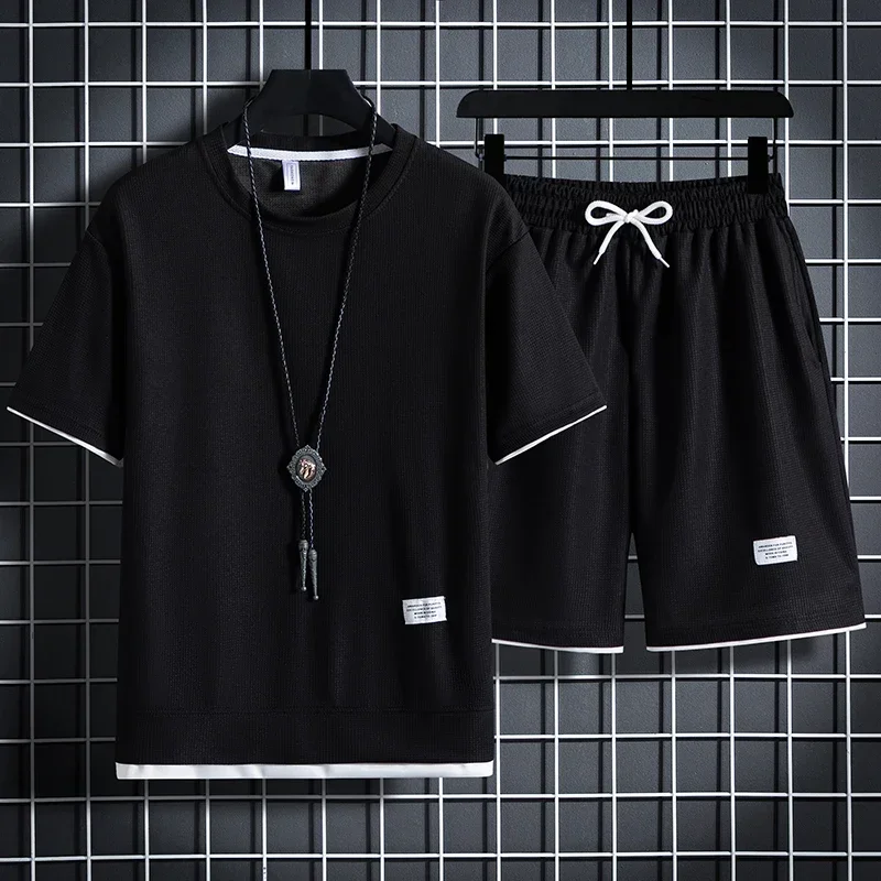 2025 Summer Men's Simple Waffle Set Casual T-shirt Shorts Set Men's Sports Set Solid Color Loose Set S-3XL