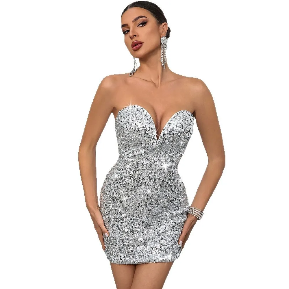 Vestido corto sexi brillante con espalda descubierta para verano, vestidos elegantes de noche para fiesta y Club de cumpleaños con lentejuelas, vestidos de graduación sin tirantes para mujer XSY010