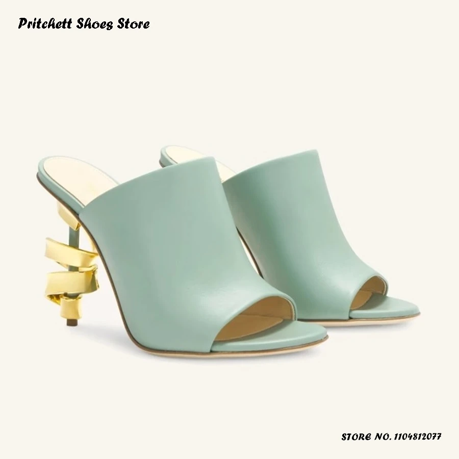 

Women's Spiral High Heel Leather Mules Summer Fashion Pull On Banquet Dress Shoes 2025 Stylish Round Open Toe Stiletto Slippers
