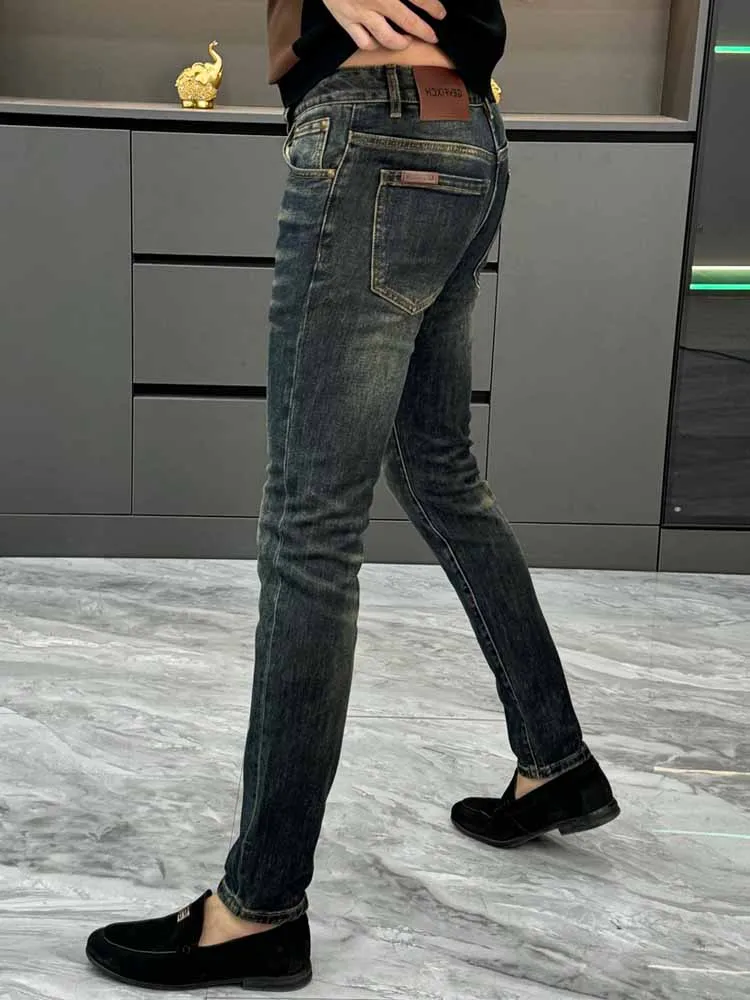 

Мужские джинсы прямого кроя Slim Fit, модные, в стиле ретро, повседневные, длинные брюки, осень-зима, новинка, удобные джинсовые штаны