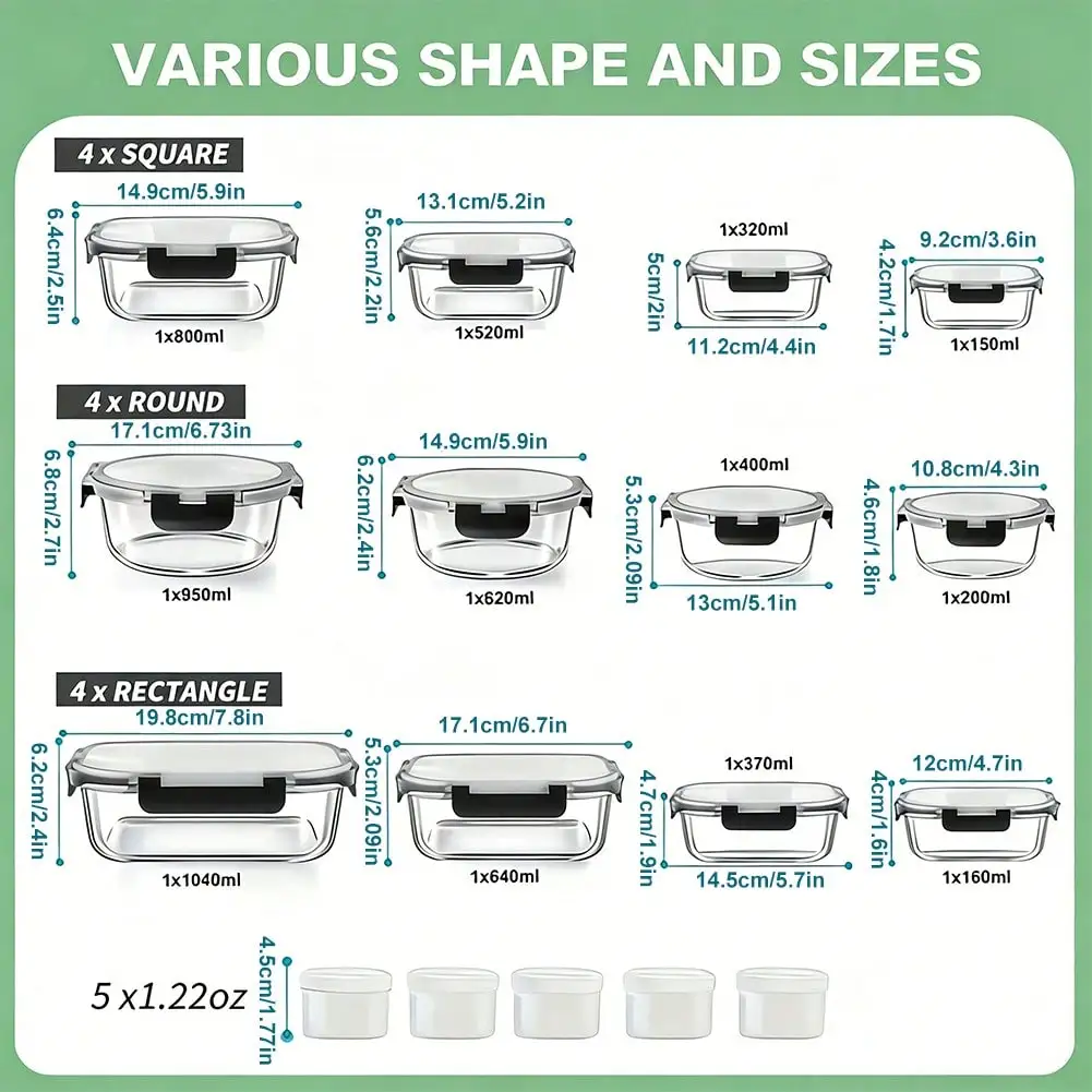 24‑Pack Glass Food Storage Containers (12 Containers + 12 Lids), Gray Leak‑Proof Airtight Clip‑Lock Bento Boxes, Microwave, Oven, Freezer & Dishwasher Safe, Ideal Holiday Gift for Family & Friends