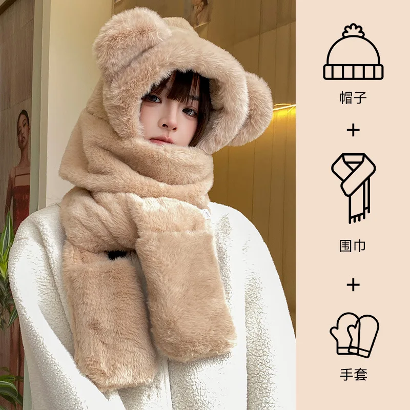 Women Cute Plush Bear 3‑in‑1 Hat Scarf Gloves Set, Thickened Warm Korean‑style Winter Cold‑proof Kit