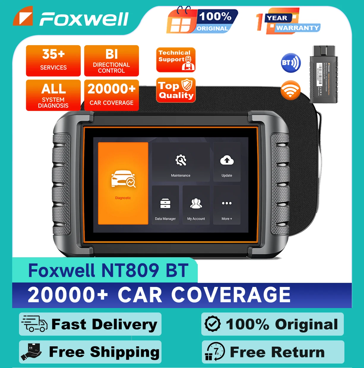 

FOXWELL NT809BT OBD2 Auto Scanner Diagnostic Tool Bluetooth Bi-Directional Control A/F TPMS 30 Reset All System Scan PK NT809