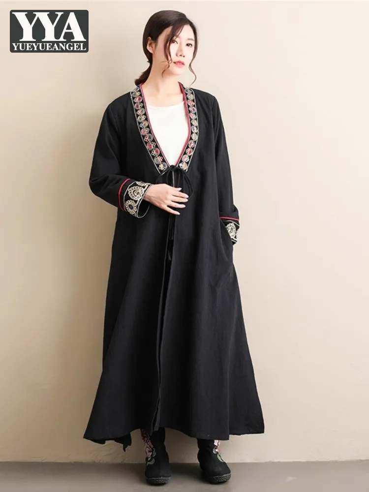 

Vintage Ethnic Style Women Long Trench Long Sleeve V-Neck Loose Casual Outerwear Lace-Up Embroidered Harajuku Spring Female Coat