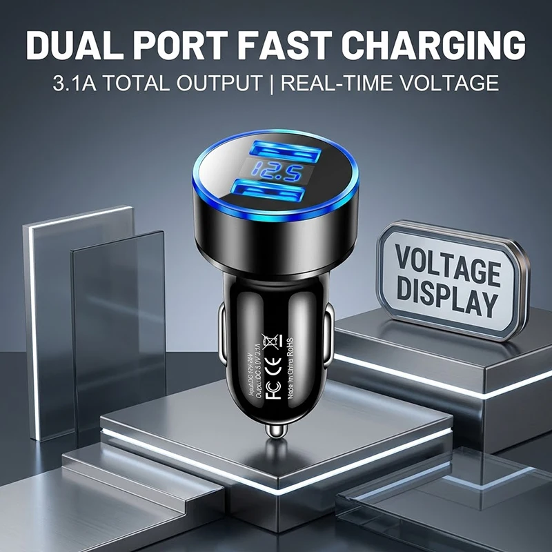 Car Charger with LED Voltage Display 3.1A Dual Ports Fast Charging Socket Adapter ABS Fireproof Shell For iPhone 17 For Samsung