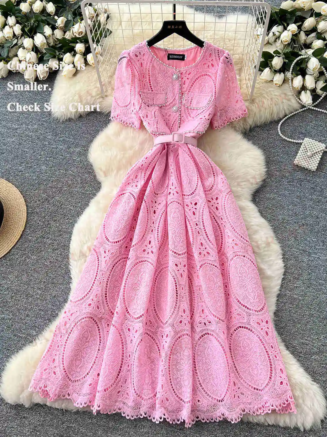 ฤดูร้อนเย็บปักถักร้อยลูกไม้ชุดยาวผู้หญิงแขนสั้นถักโครเชต์สายเพิร์ลคอชุดราตรี Midi ชุดพรรค Vestidos