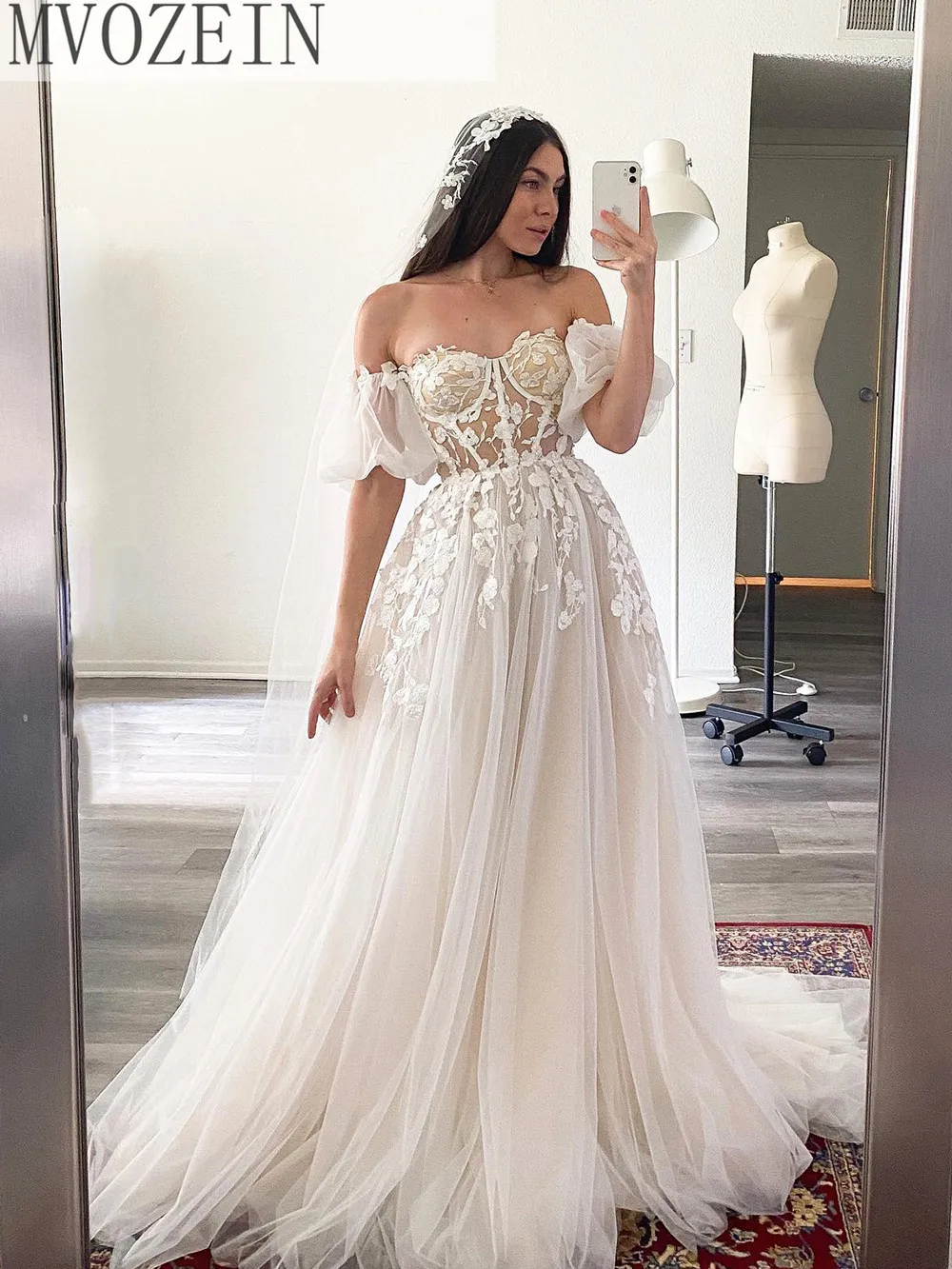 Mvozein Lace Wedding Dress Ivory Bride Dresses Strap Transparent Wedding Dresses for Women Wedding Gown