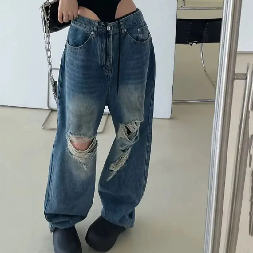

High Waist Vintage Streetwear Women Ripped Jeans Women Hip-hop Fashion Y2K Wide Leg 2000s Trousers Baggy Denim Pants