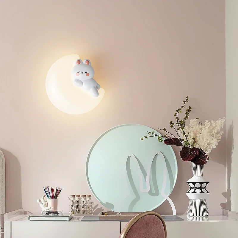 Bedroom Bedside Wall Lamp Creative Rabbit Moon Cartoon Star Bunny Children's Living Room Indoor Background Wall Decoration Lamp