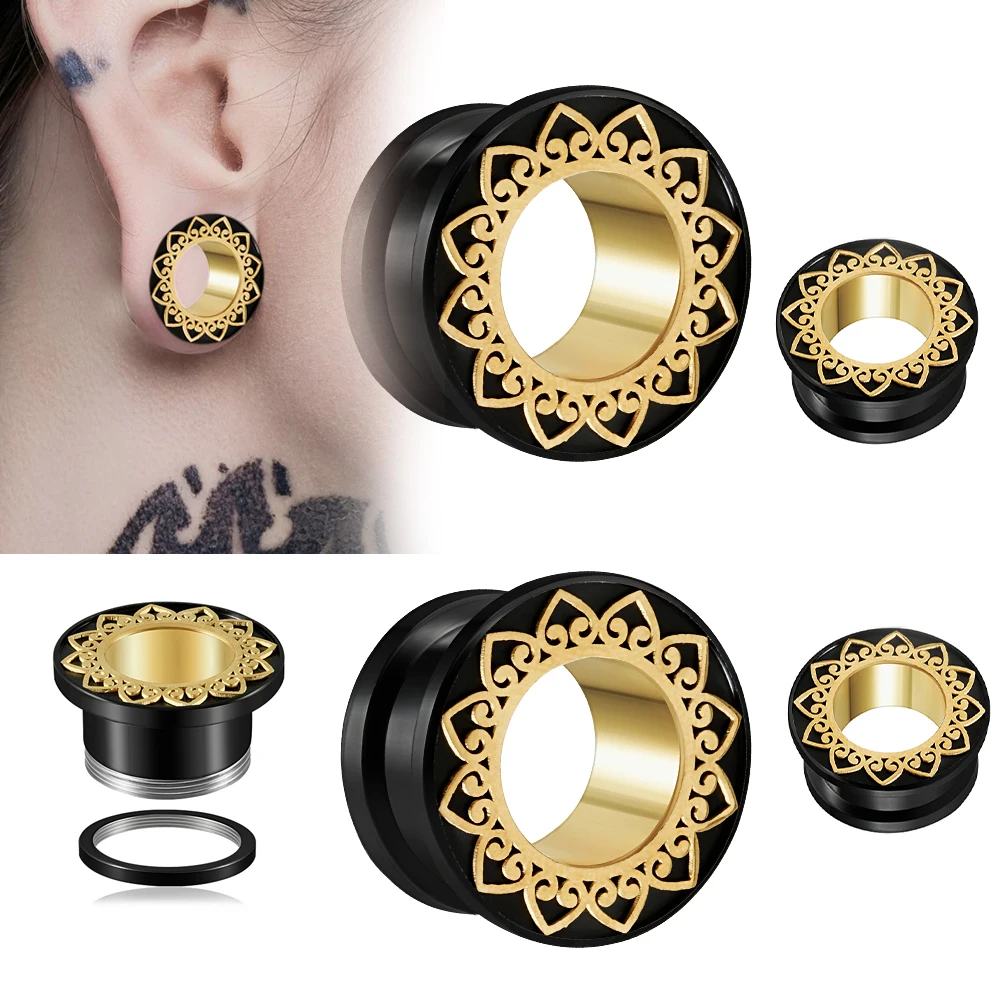 1-2PCS Stainless Steel Double Color Flower Hollow Ear Expanders Gauges Ears Plugs Ear Flesh Tunnels Piercing Jewelry 8-25mm