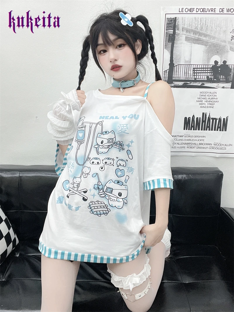 T-Shirt giapponese con spalle scoperte donna Kawaii Girl Harajuku Y2k Top Sexy Cute Cat Graphic Tees Shirt Fashion coreano Chic Streetwear