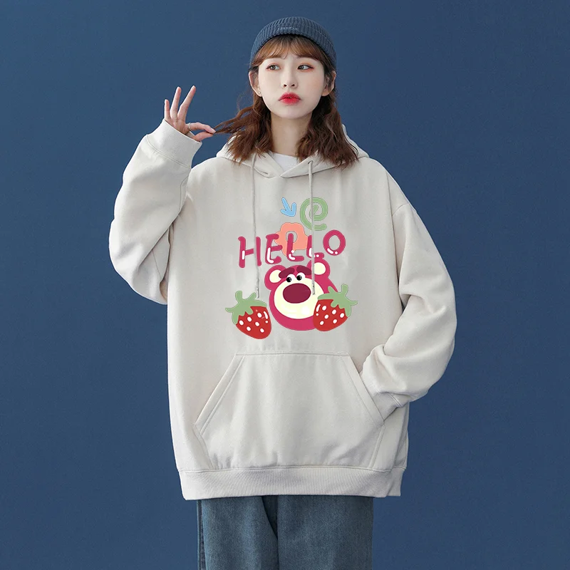 Disney Cartoon Bear Strawberry Bear Printed Hoodie for Men and Women Couples Cartoon Bear Leisure Sports Street Hoodie