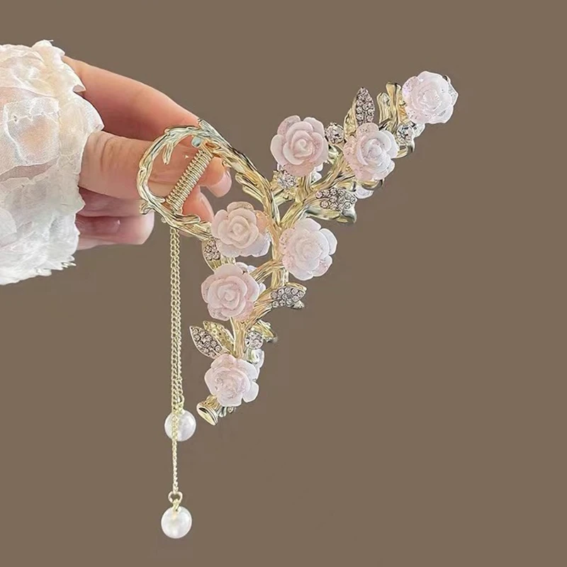 Elegant Rose Pearls Tassel Grabber 4.5Inch Large Size Metal Shark Clip Spring and Summer Super Fairy Women Back Head Headwear