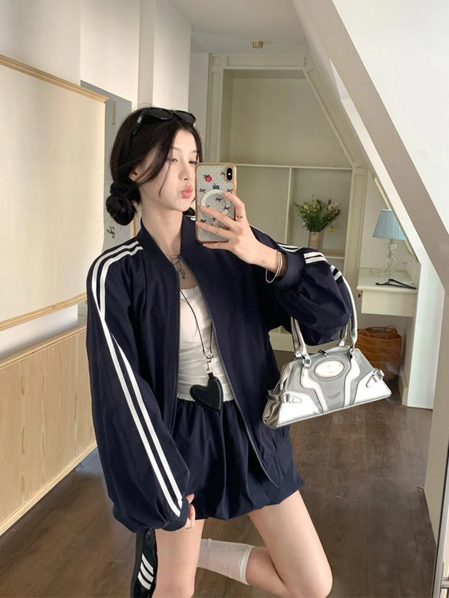 

Spring 2026 Women's Loose Casual Baseball Jaet Puffy Flower f Skirt Two-Piece Set High Waist ort Pants Striped Pattern