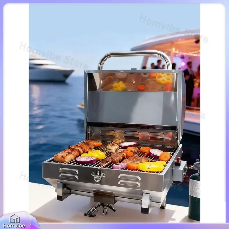 Portable Outdoor Gas BBQ Grill with 304 Stainless Steel Burner Fish Rod Holder Meat Rack for Boats Yachts Camping Picnic