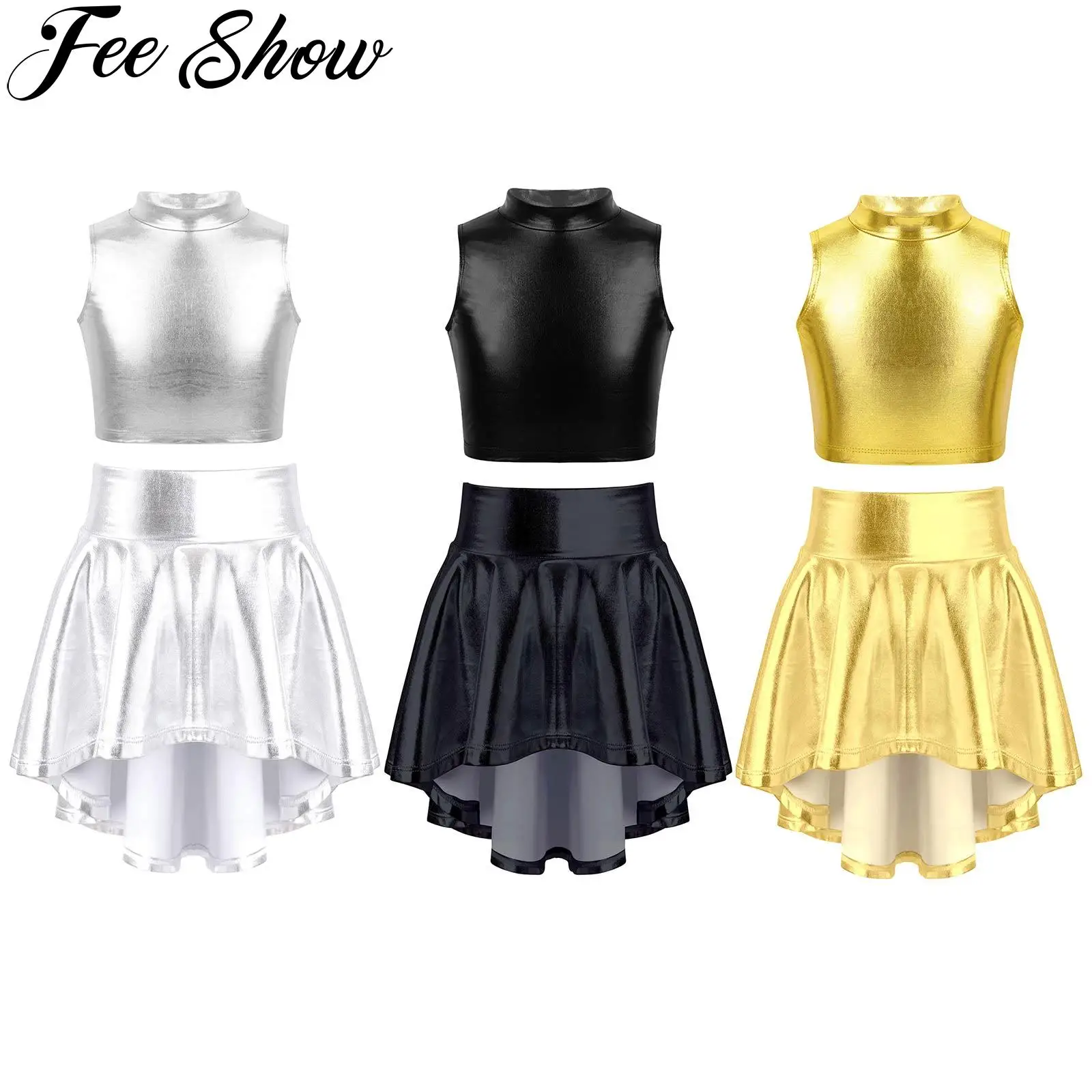 

FEESHOW Kids Girls Shiny Metallic Crop Tank Top with Pleated Skort Skirt Ballet Dance Jazz Hip Hop Stage Performance Costumes