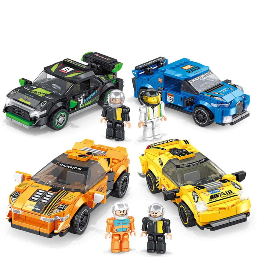 Four models of small particle building block racing cars are given as holiday gifts to friends as gifts