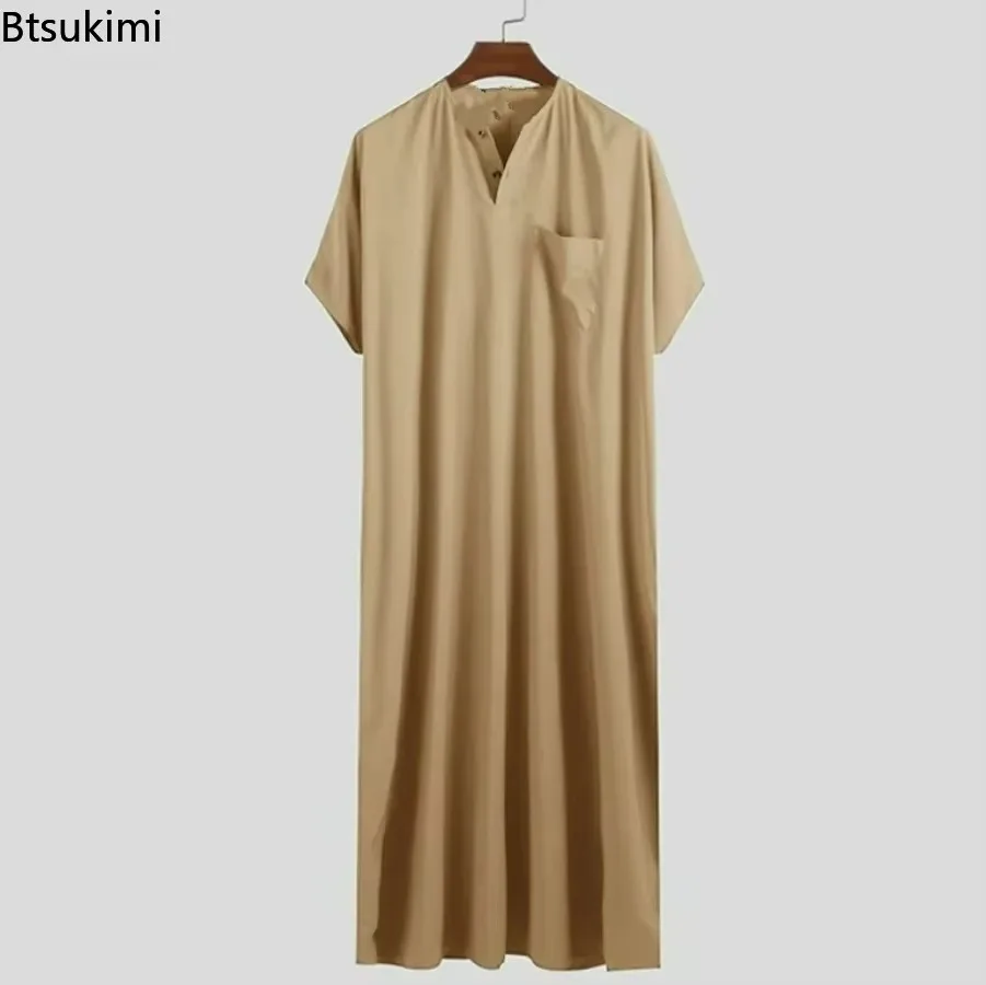 Baru 2025 pria Islam Arab Kaftan Vintage padat lengan pendek longgar Retro jubah Abaya Dubai Timur Tengah Muslim pakaian S-5XL