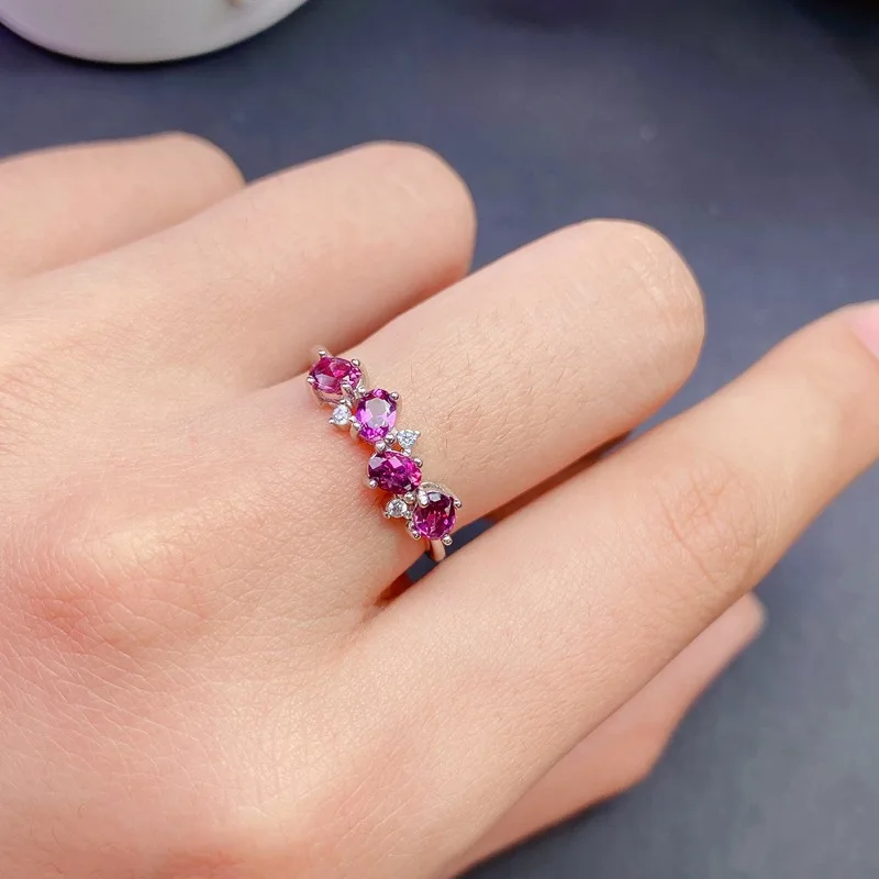 YULEM Natural Rhodolite Garnet Ring for Women Band Stackable Birthstone Fine Jewelry 925 Sterling Silver Good Gift Character