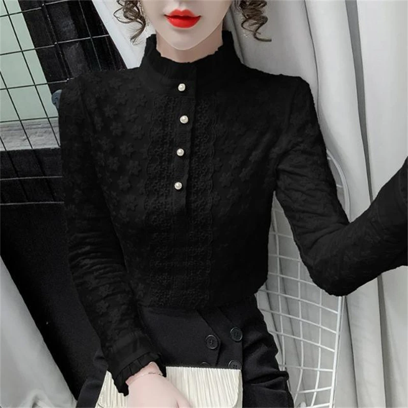 Women\'s Korean Fashion Ruffled Lace Chic Elegant Blouse Autumn Winter Half High Collar Plush Shirt Solid Long Sleeve Slim Tops