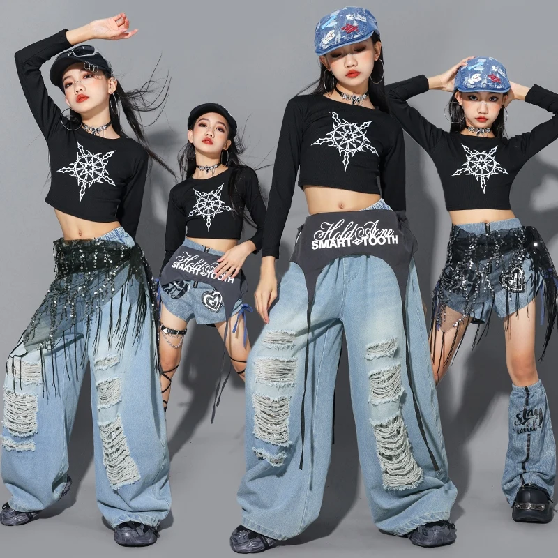 Abbigliamento Kpop per ragazze Costume da ballo jazz Bambini Maniche lunghe Abbigliamento da strada Top neri Jeans Abiti da performance Hip Hop BL17104