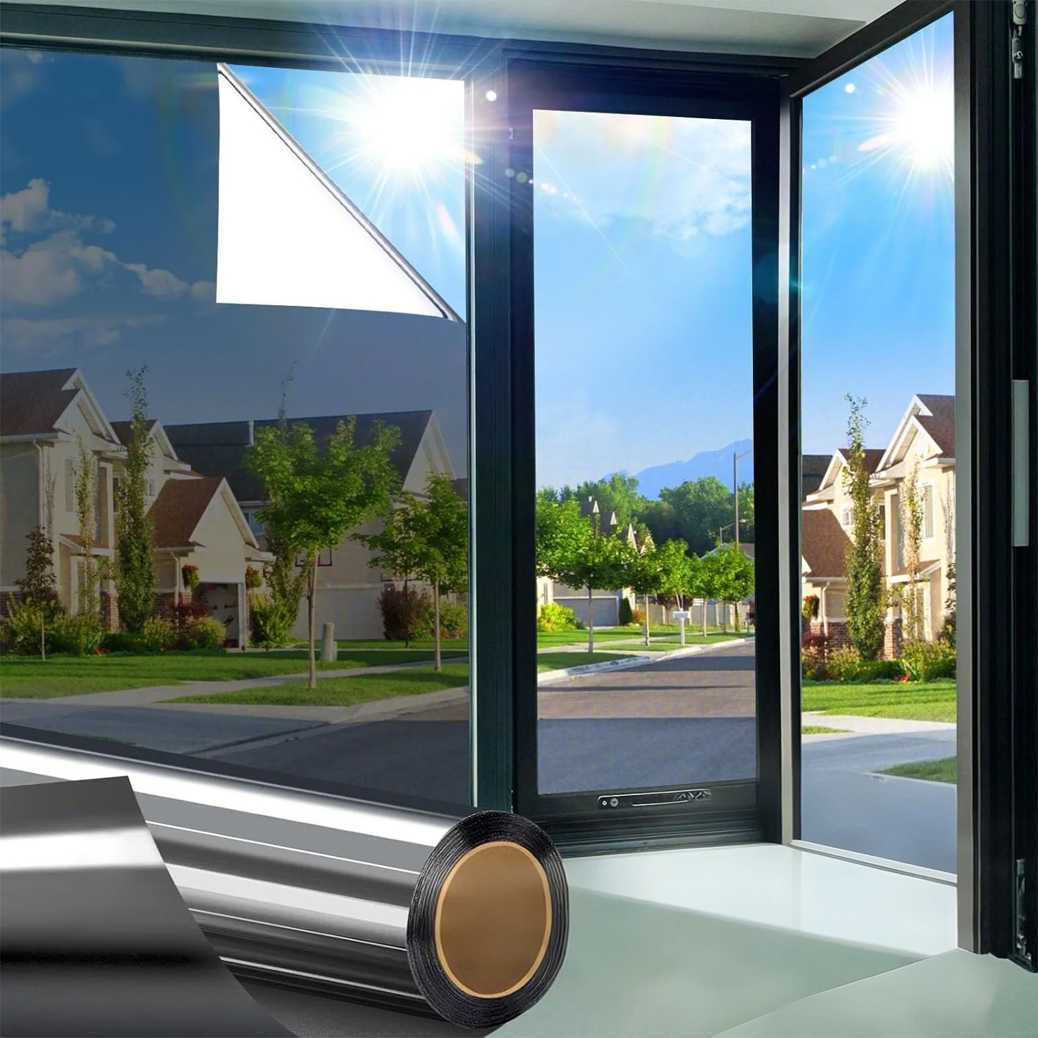 Einseitige Sichtschutzfolie für Fenster, Sicht Durchsichtig, Eingang Nicht Sichtbar, Fenstertönung für Zuhause, Reflektierende Spiegelglas-Fensterabdeckung, Sonnen-, Hitz- und UV-Schutz