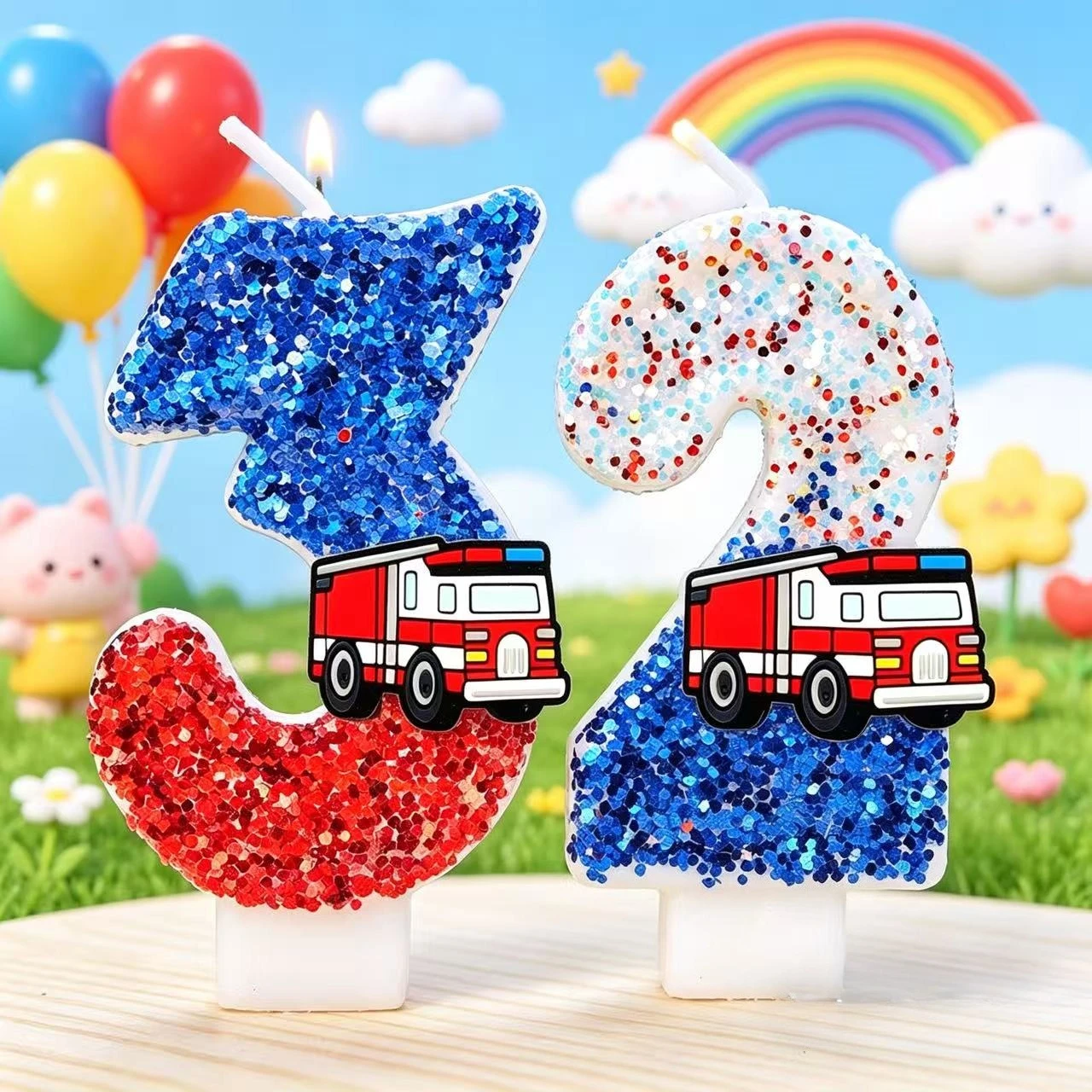 Vela de Número de Camión de Bomberos con Lentejuelas Brillantes, Adorno para Pastel de Camión de Bomberos de Dibujos Animados para Fiestas de Cumpleaños de Niños, Decoración Temática para Baby Shower