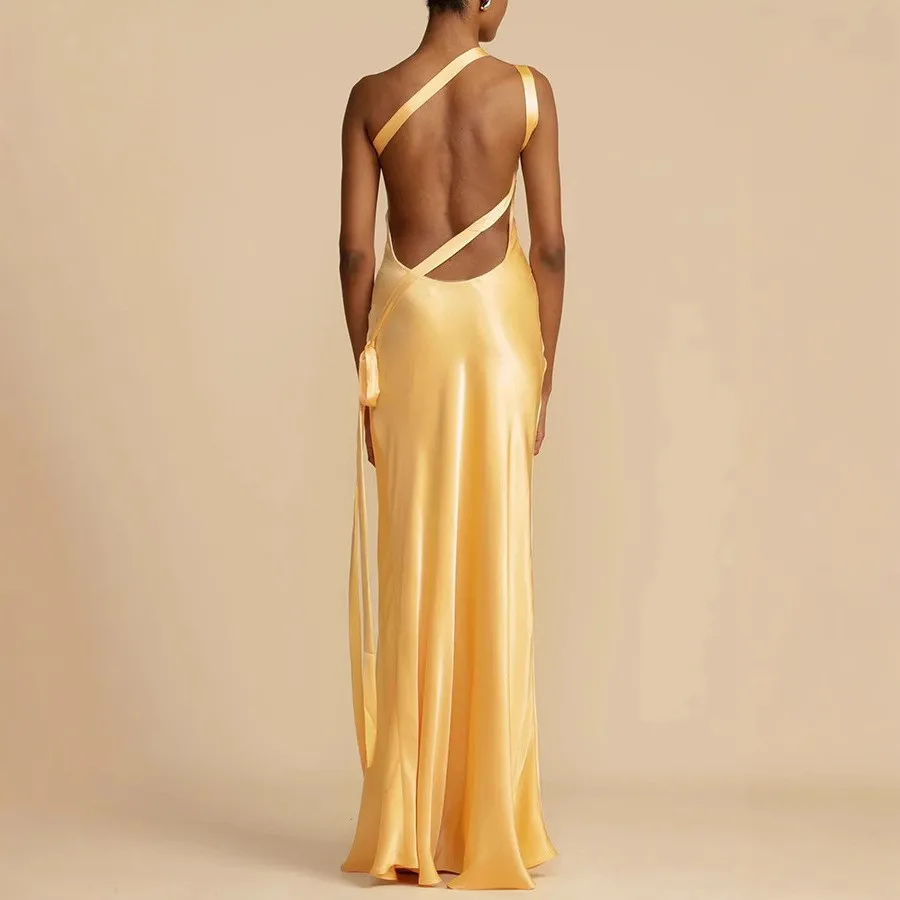 Women's Summer Wedding Guest Dress Elegant Off Shoulder Satin Bodycon Long Pencil Dress for Prom Banquet Holiday Solid Color view 4