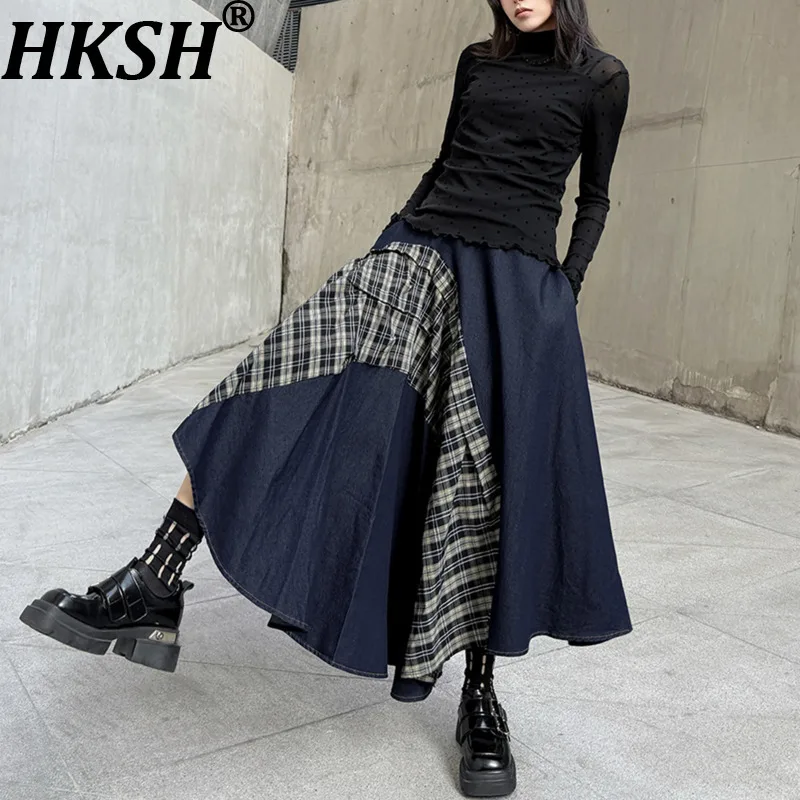 HKSH 2026 Spring Autumn New Women Set Turtleneck Long Sleeves Dot Printed Top Denim Patchwork Plaid Asymmetric Skirt Y2K HK18720