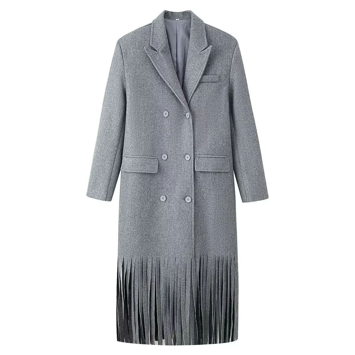 Modischer grauer Wollmantel mit Quasten für Damen, lässiger Revers-Mantel mit langen Ärmeln, doppelreihig, mit Taschen, lockerer langer Mantel, Damen-Outwear für den Alltag. – Detail 22