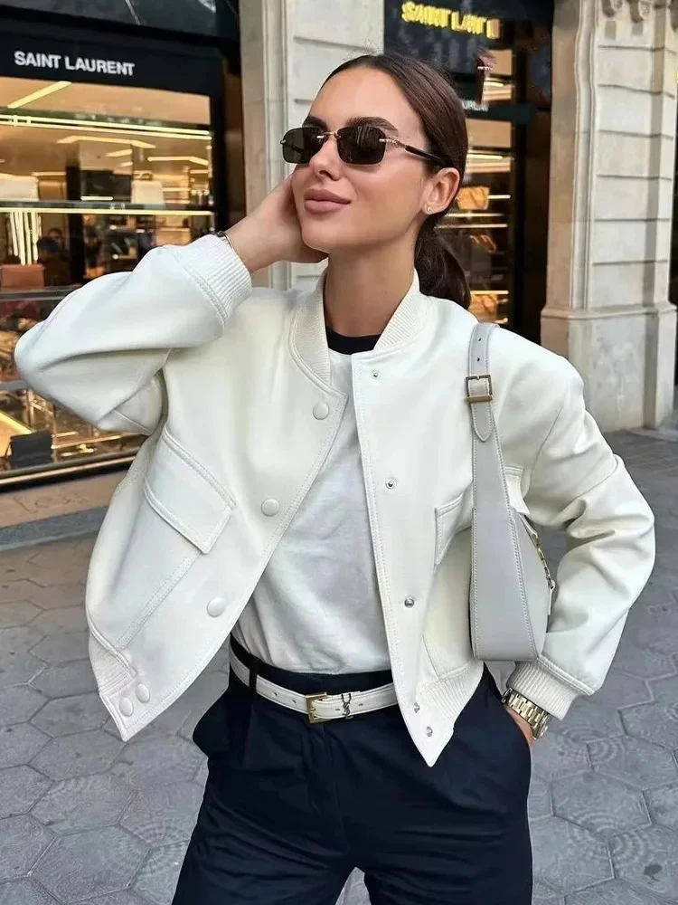 ZABA Women\'s Fashion Solid Colour Aviator Jacket Vintage Long Sleeve Pocket Casual Chic Top V Neck Single Breasted Short Jacket