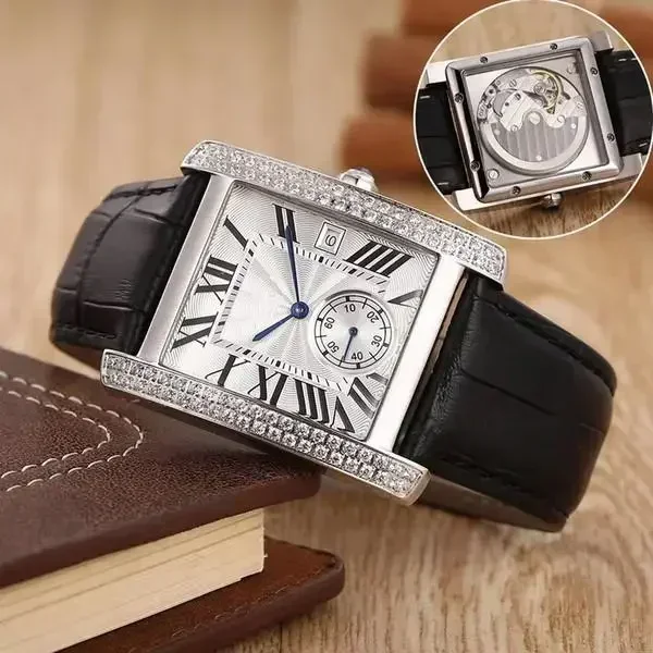 Mens Automatic Mechanical Watch Stainless Steel Black Leather Watch Sapphire White Diamonds Bezel