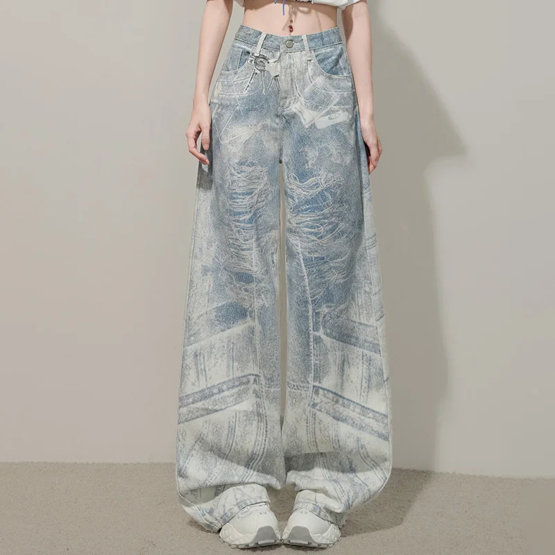 WTHTแฟชั่นผู้หญิงใหม่Tie Dye Washตรงกางเกงยีนส์ 2025 ฤดูร้อนอินเทรนด์สูงเอวกว้างขากว้างกางเกงหญิง 1LS2187