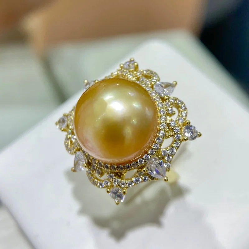 

SGARIT Trending Pearl Jewelry 13-14mm 925 Sterling Silver Inlay Seawater South Sea Golden Round Pearl Ring Jewellery For Party